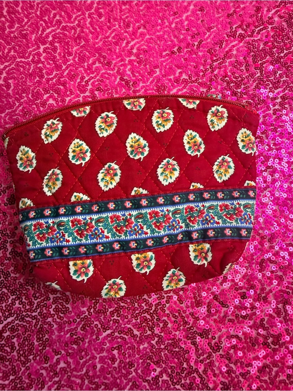 Vera Bradley Red Quilted Floral Zip Cosmetic Case